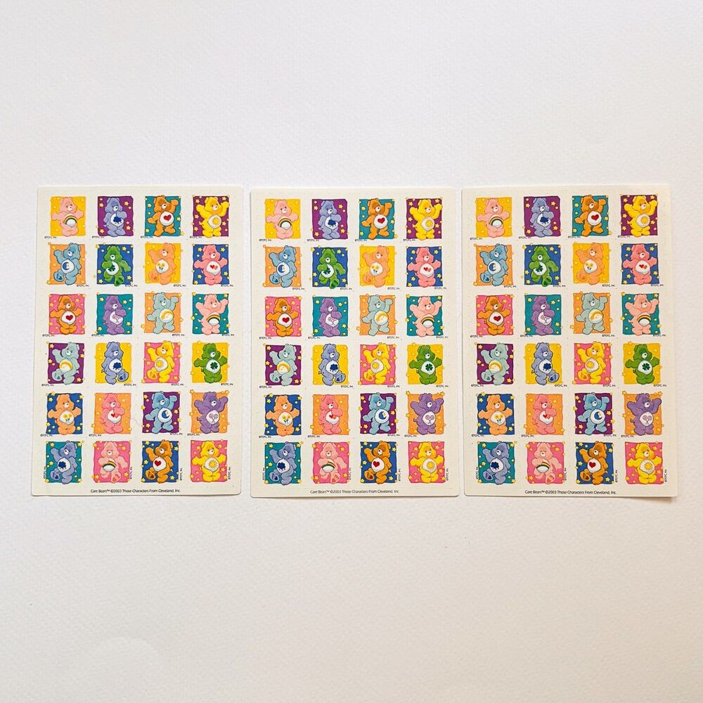Vintage Care Bears Sticker Sheets - 3 Sheets, 72 Stickers - New - 2003